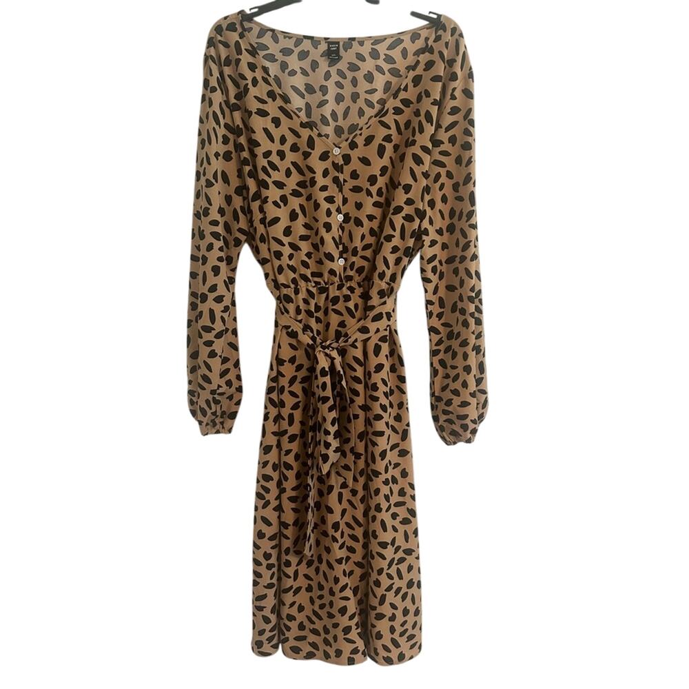 SHEIN Curve Brown Tie Front Sundress with Bishop Sleeves
